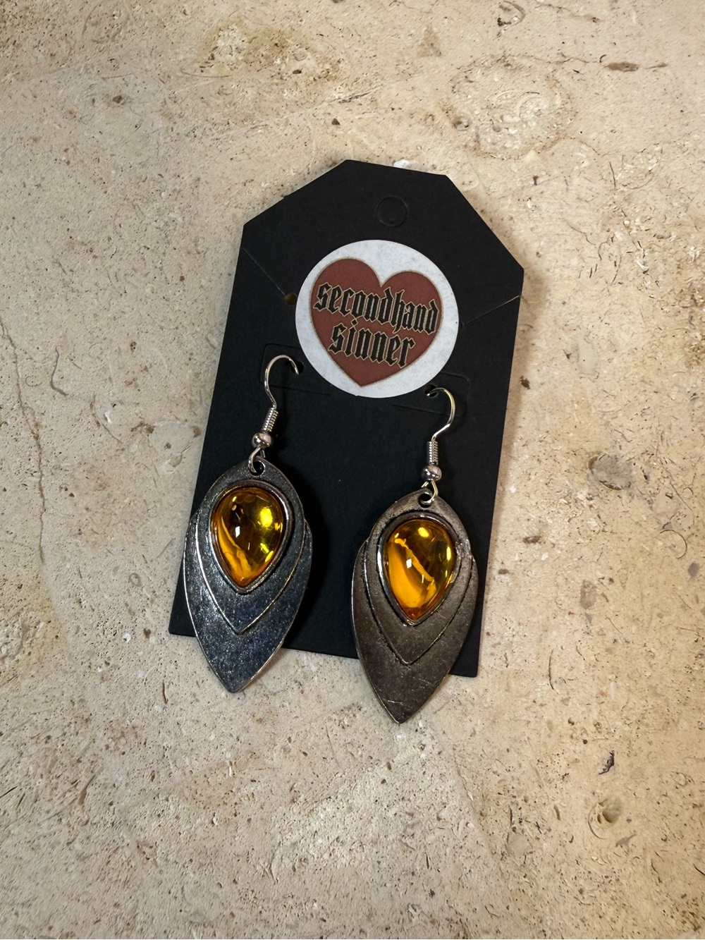 Amber Stone Silver Drop Earrings